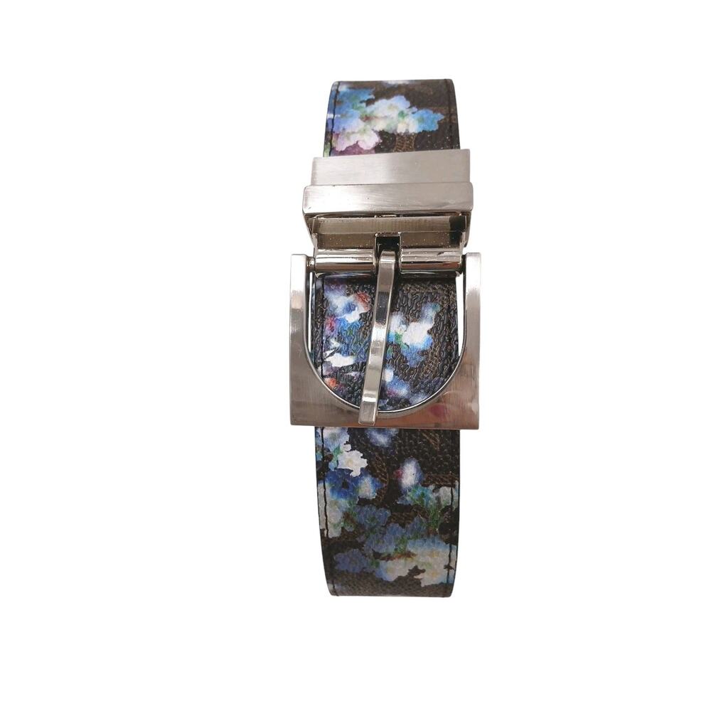 Calvin Klein Floral Belt XL Sz 48" Brown Blue Silver Logo Buckle Boho Cottage - Picture 8 of 14